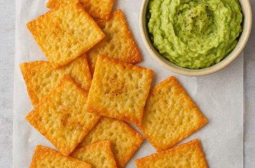 Crispy gouda cheese chips served with creamy avocado lime dip on parchment paper