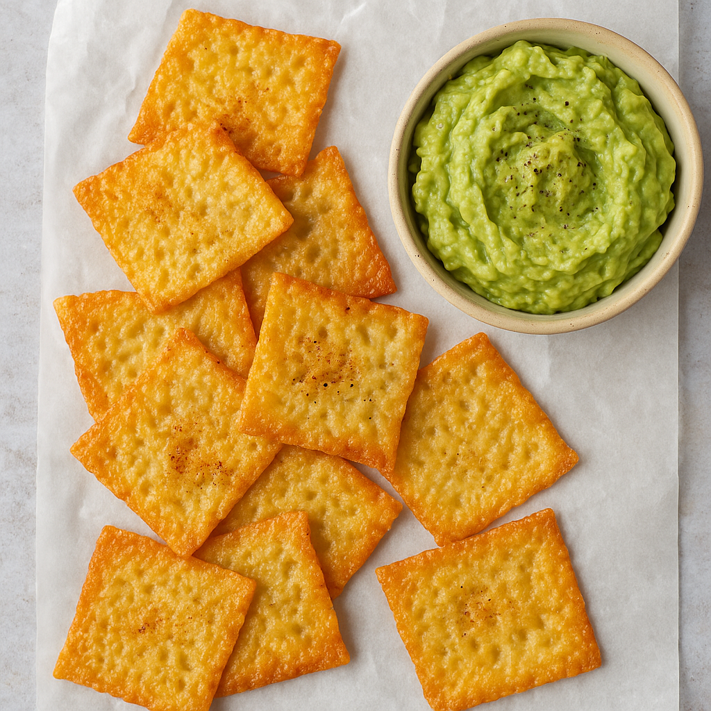 Crispy gouda cheese chips served with creamy avocado lime dip on parchment paper