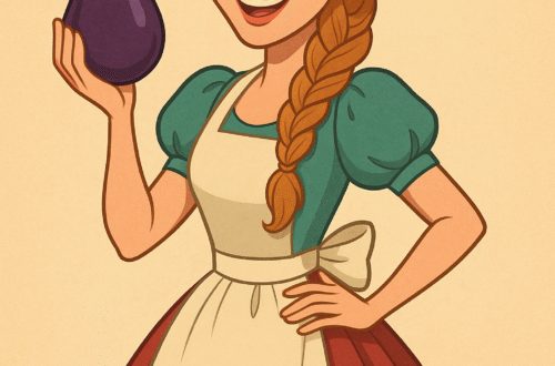 Cartoon-style retro illustration of a smiling woman with green eyes and freckles, dressed in a vintage flared dress and apron, holding an eggplant. Character inspired by Pozi von Cuks, in the spirit of a cheerful 1950s homemaker.