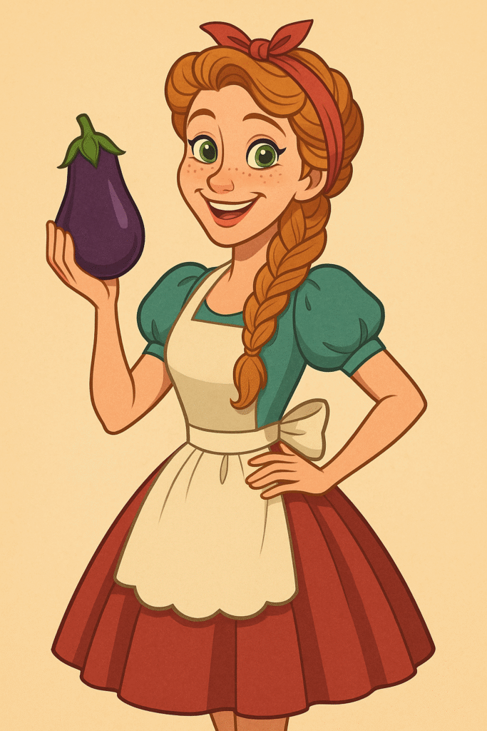 Cartoon-style retro illustration of a smiling woman with green eyes and freckles, dressed in a vintage flared dress and apron, holding an eggplant. Character inspired by Pozi von Cuks, in the spirit of a cheerful 1950s homemaker.
