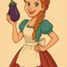 Cartoon-style retro illustration of a smiling woman with green eyes and freckles, dressed in a vintage flared dress and apron, holding an eggplant. Character inspired by Pozi von Cuks, in the spirit of a cheerful 1950s homemaker.