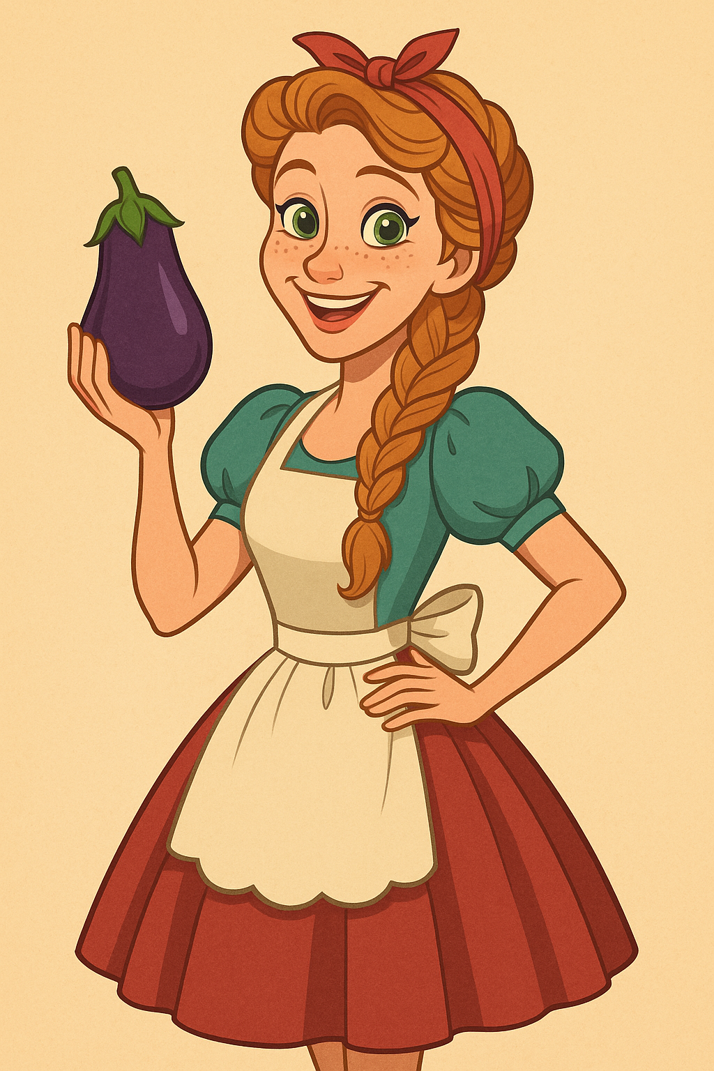 Cartoon-style retro illustration of a smiling woman with green eyes and freckles, dressed in a vintage flared dress and apron, holding an eggplant. Character inspired by Pozi von Cuks, in the spirit of a cheerful 1950s homemaker.
