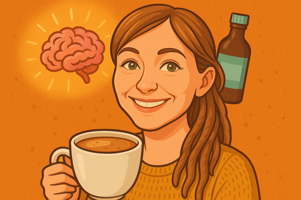 Smiling woman holding a cup of MCT oil coffee with a brain and bottle in the background – illustration about mental energy and keto diet
