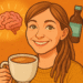 Smiling woman holding a cup of MCT oil coffee with a brain and bottle in the background – illustration about mental energy and keto diet
