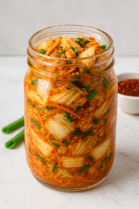 Glass jar filled with homemade keto kimchi made of Napa cabbage, carrots, and chili, placed on a white kitchen counter.