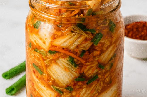 Glass jar filled with homemade keto kimchi made of Napa cabbage, carrots, and chili, placed on a white kitchen counter.