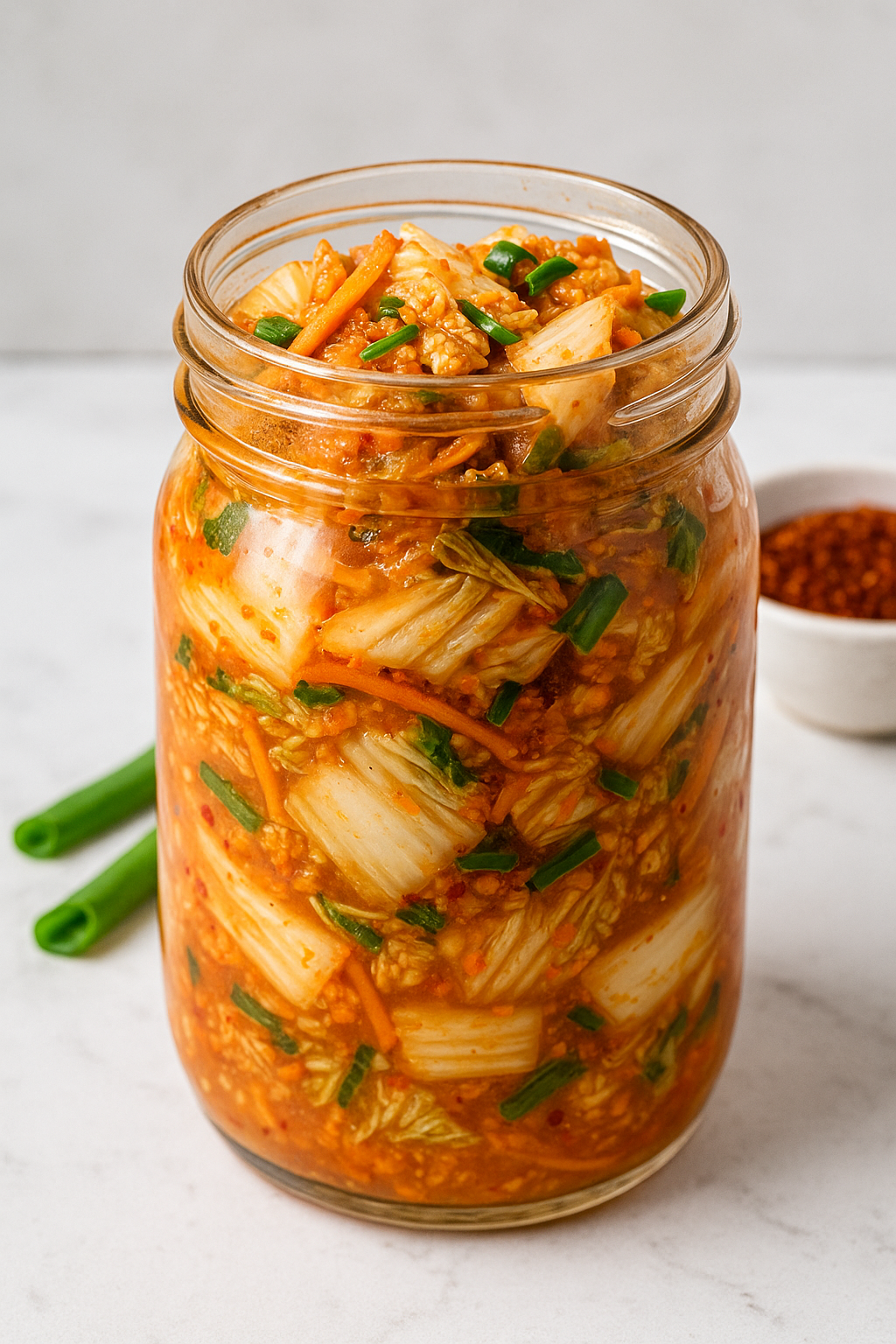 Glass jar filled with homemade keto kimchi made of Napa cabbage, carrots, and chili, placed on a white kitchen counter.