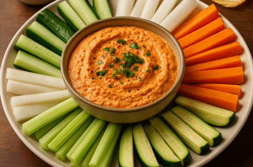 A creamy roasted red pepper and feta dip served in a bowl, surrounded by fresh sliced vegetables and chips on a table; vibrant, inviting, and perfect for keto or party snacks.