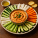A creamy roasted red pepper and feta dip served in a bowl, surrounded by fresh sliced vegetables and chips on a table; vibrant, inviting, and perfect for keto or party snacks.