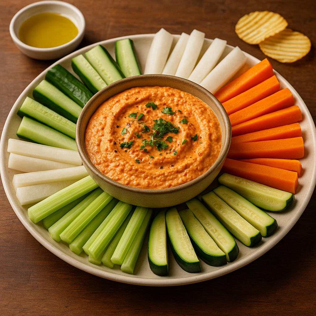 A creamy roasted red pepper and feta dip served in a bowl, surrounded by fresh sliced vegetables and chips on a table; vibrant, inviting, and perfect for keto or party snacks.