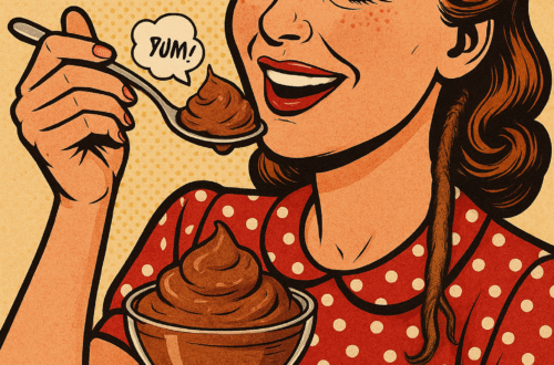 Retro-style woman eating keto chocolate avocado mousse with a spoon, comic-style “YUM!” bubble