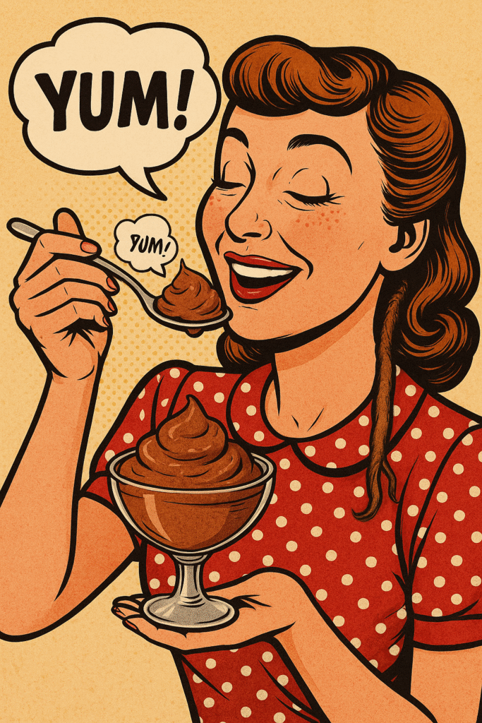 Retro-style woman eating keto chocolate avocado mousse with a spoon, comic-style “YUM!” bubble