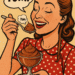 Retro-style woman eating keto chocolate avocado mousse with a spoon, comic-style “YUM!” bubble