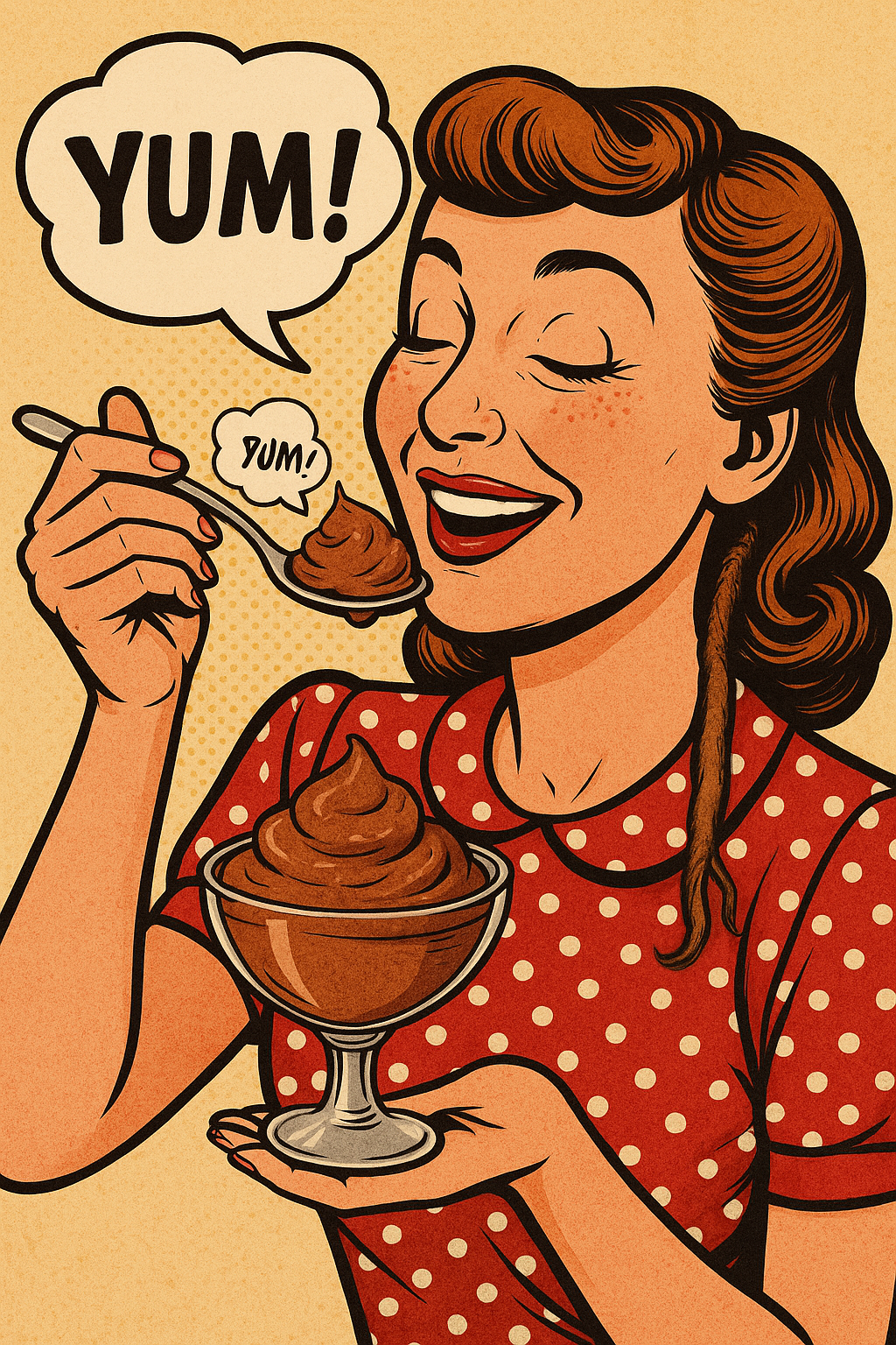 Retro-style woman eating keto chocolate avocado mousse with a spoon, comic-style “YUM!” bubble