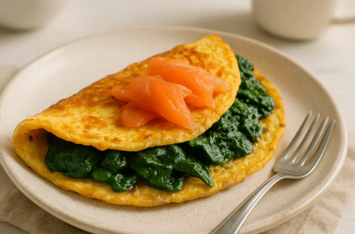 Fluffy omelette with melted cheese, wilted spinach, and smoked salmon, served on a plate with a fork – keto breakfast.