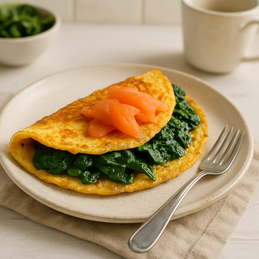 Fluffy omelette with melted cheese, wilted spinach, and smoked salmon, served on a plate with a fork – keto breakfast.